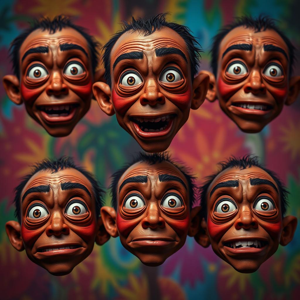 A composition featuring several Wojak faces with brown skin color, each exhibiting wild, crazy eyes reminiscent of stalker characters