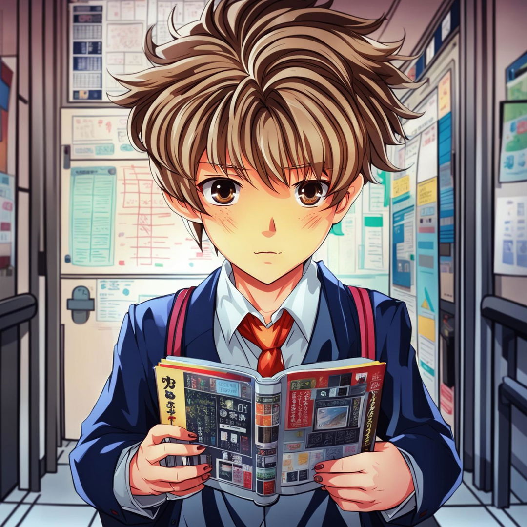 Anime schoolboy in uniform holding a PHP programming book in a school setting, drawn in a cute (kawaii) style.