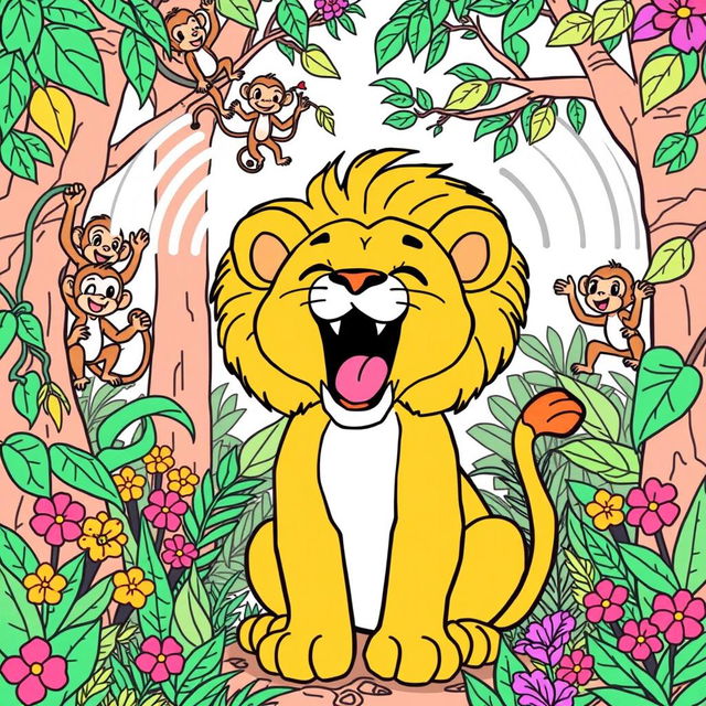 A coloring page featuring a lion cub named Leo roaring proudly in the heart of the jungle