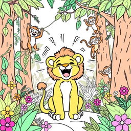 A coloring page featuring a lion cub named Leo roaring proudly in the heart of the jungle