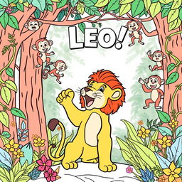 A coloring page featuring a lion cub named Leo roaring proudly in the heart of the jungle