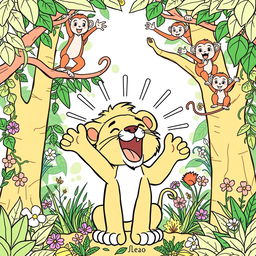 A coloring page featuring a lion cub named Leo roaring proudly in the heart of the jungle