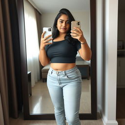 a full figure photo of an Indian chubby curvy lady taking a selfie in front of a full-sized mirror