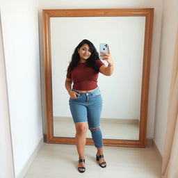 a full figure photo of an Indian chubby curvy lady taking a selfie in front of a full-sized mirror