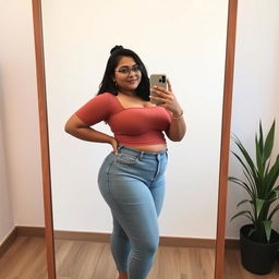 a full figure photo of an Indian chubby curvy lady taking a selfie in front of a full-sized mirror