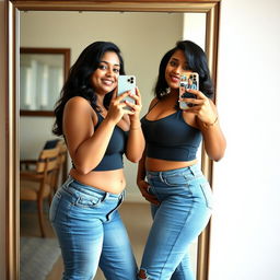 a full figure photo of an Indian chubby curvy lady taking a selfie in front of a full-sized mirror