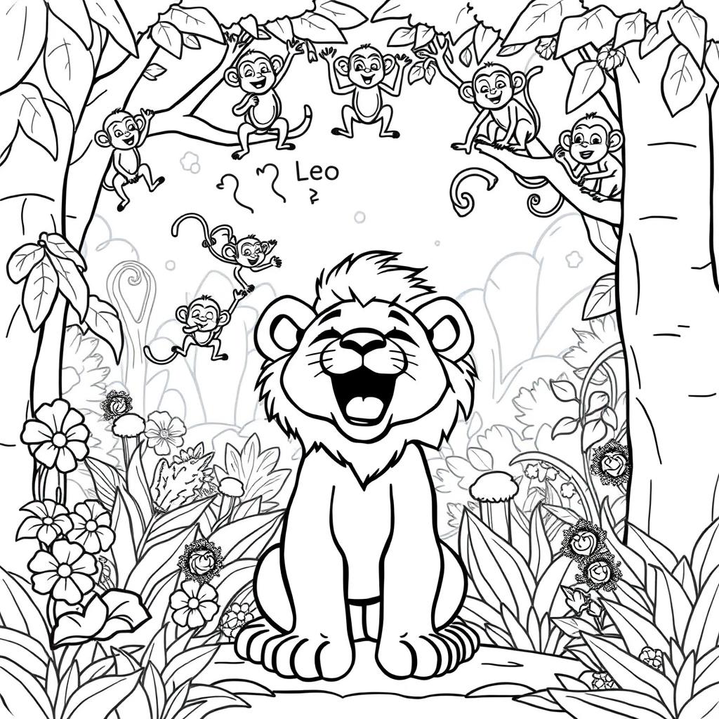 A coloring page depicting a lion cub named Leo roaring proudly in the jungle, exuding a sense of confidence