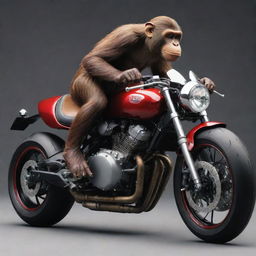 A daredevil monkey riding a sleek, powerful motorcycle, with mechanical details highlighting its top-of-the-line speed and design.