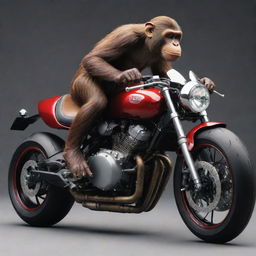 A daredevil monkey riding a sleek, powerful motorcycle, with mechanical details highlighting its top-of-the-line speed and design.