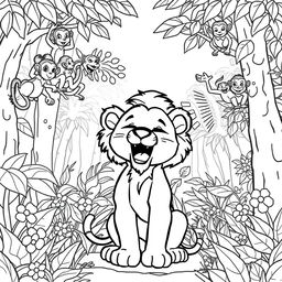 A coloring page depicting a lion cub named Leo roaring proudly in the jungle, exuding a sense of confidence