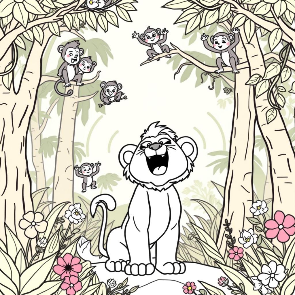 A coloring page depicting a lion cub named Leo roaring proudly in the jungle, exuding a sense of confidence