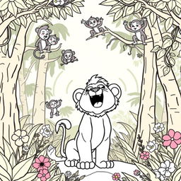 A coloring page depicting a lion cub named Leo roaring proudly in the jungle, exuding a sense of confidence