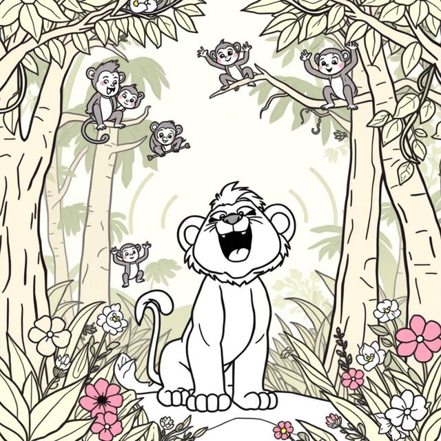 A coloring page depicting a lion cub named Leo roaring proudly in the jungle, exuding a sense of confidence