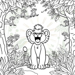 A coloring page depicting a lion cub named Leo roaring proudly in the jungle, exuding a sense of confidence