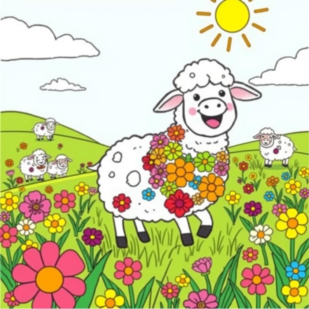 A whimsical coloring page featuring a sheep named Oliva joyfully playing in a picturesque field filled with rainbow-colored flowers adorning her fluffy coat