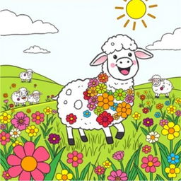 A whimsical coloring page featuring a sheep named Oliva joyfully playing in a picturesque field filled with rainbow-colored flowers adorning her fluffy coat