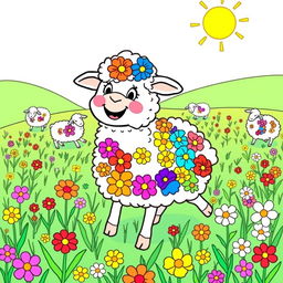 A whimsical coloring page featuring a sheep named Oliva joyfully playing in a picturesque field filled with rainbow-colored flowers adorning her fluffy coat