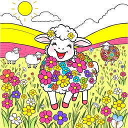 A whimsical coloring page featuring a sheep named Oliva joyfully playing in a picturesque field filled with rainbow-colored flowers adorning her fluffy coat