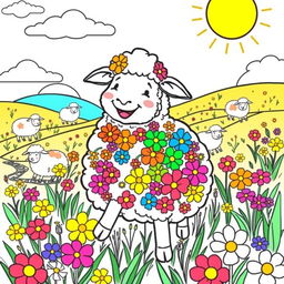 A whimsical coloring page featuring a sheep named Oliva joyfully playing in a picturesque field filled with rainbow-colored flowers adorning her fluffy coat