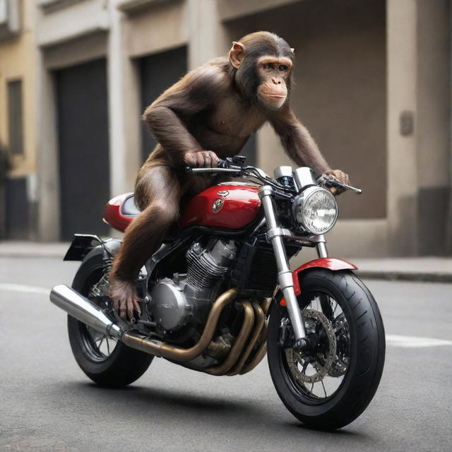 A daredevil monkey riding a sleek, powerful motorcycle, with mechanical details highlighting its top-of-the-line speed and design.