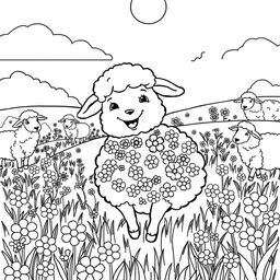 A coloring page depicting a sheep named Oliva joyfully playing in a sunny field, her fluffy body adorned with a variety of flowers