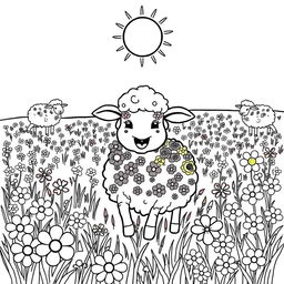 A coloring page depicting a sheep named Oliva joyfully playing in a sunny field, her fluffy body adorned with a variety of flowers