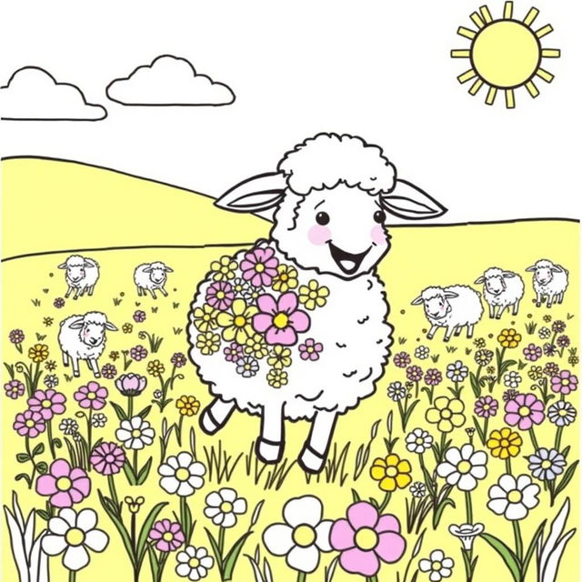 A coloring page depicting a sheep named Oliva joyfully playing in a sunny field, her fluffy body adorned with a variety of flowers