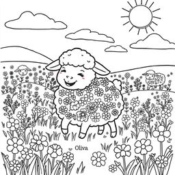 A coloring page depicting a sheep named Oliva joyfully playing in a sunny field, her fluffy body adorned with a variety of flowers