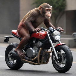 A daredevil monkey riding a sleek, powerful motorcycle, with mechanical details highlighting its top-of-the-line speed and design.