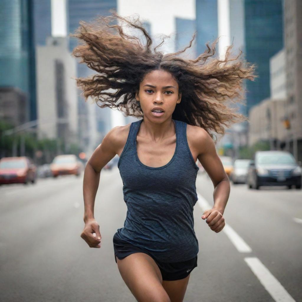 A dynamic image of a girl running hurriedly on a bustling city road, her hair streaming behind her, and cityscape visible in the background