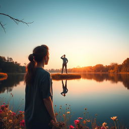 A serene introspective scene of a person gazing at their reflection in a tranquil lake, symbolizing self-discovery and personal growth