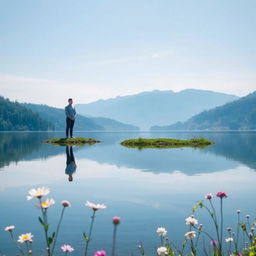 A serene introspective scene of a person gazing at their reflection in a tranquil lake, symbolizing self-discovery and personal growth