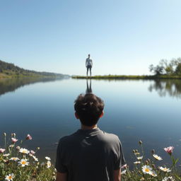 A serene introspective scene of a person gazing at their reflection in a tranquil lake, symbolizing self-discovery and personal growth