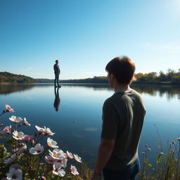 A serene introspective scene of a person gazing at their reflection in a tranquil lake, symbolizing self-discovery and personal growth