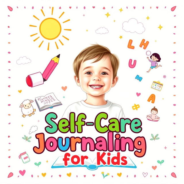 A vibrant and playful book cover for a children's self-care journal featuring a smiling child at the center