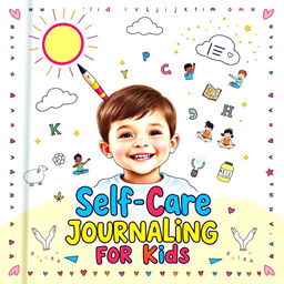 A vibrant and playful book cover for a children's self-care journal featuring a smiling child at the center