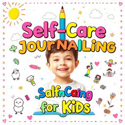 A vibrant and playful book cover for a children's self-care journal featuring a smiling child at the center