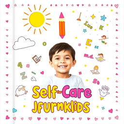 A vibrant and playful book cover for a children's self-care journal featuring a smiling child at the center