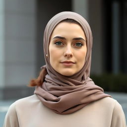 A 25-year-old Slavic-looking woman with a calm and reserved demeanor, dressed in modest clothing that fully covers her chest and does not reveal any exposed skin