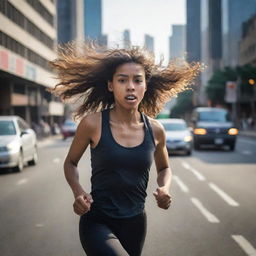 A dynamic image of a girl running hurriedly on a bustling city road, her hair streaming behind her, and cityscape visible in the background