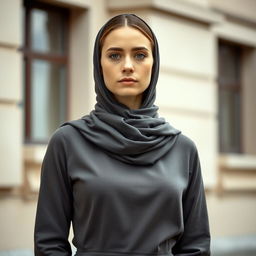 A 25-year-old Slavic-looking woman with a calm and reserved demeanor, dressed in modest clothing that fully covers her chest and does not reveal any exposed skin