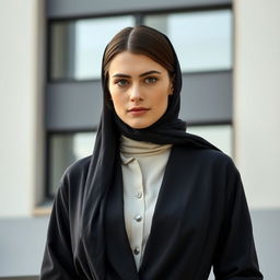 A 25-year-old Slavic-looking woman with a calm and reserved demeanor, dressed in modest clothing that fully covers her chest and does not reveal any exposed skin