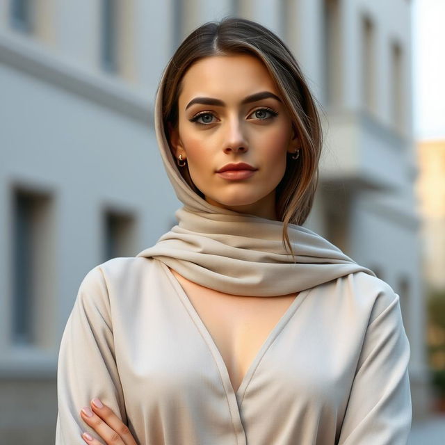 A 25-year-old Slavic-looking woman with a calm and reserved demeanor, dressed in modest clothing that fully covers her chest and does not reveal any exposed skin