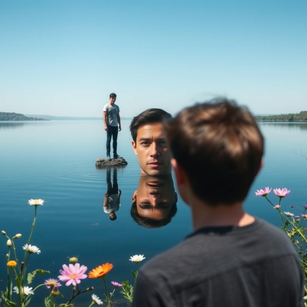 An introspective scene of a person gazing at their reflection in a serene lake, symbolizing self-discovery and personal growth