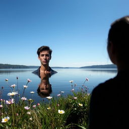 An introspective scene of a person gazing at their reflection in a serene lake, symbolizing self-discovery and personal growth