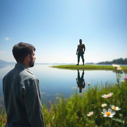 An introspective scene of a person gazing at their reflection in a serene lake, symbolizing self-discovery and personal growth