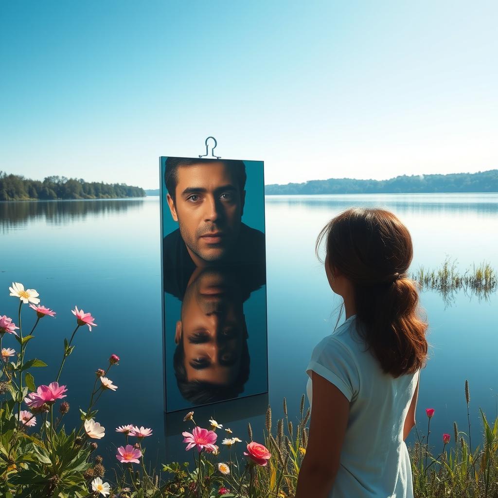 An introspective scene of a person gazing at their reflection in a serene lake, symbolizing self-discovery and personal growth