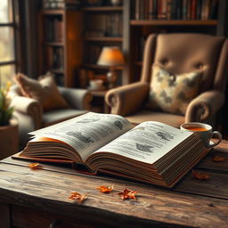 An artistic representation of a book lying open on a rustic wooden table, with beautiful illustrations on the pages