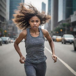 A dynamic image of a girl running hurriedly on a bustling city road, her hair streaming behind her, and cityscape visible in the background