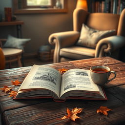 An artistic representation of a book lying open on a rustic wooden table, with beautiful illustrations on the pages